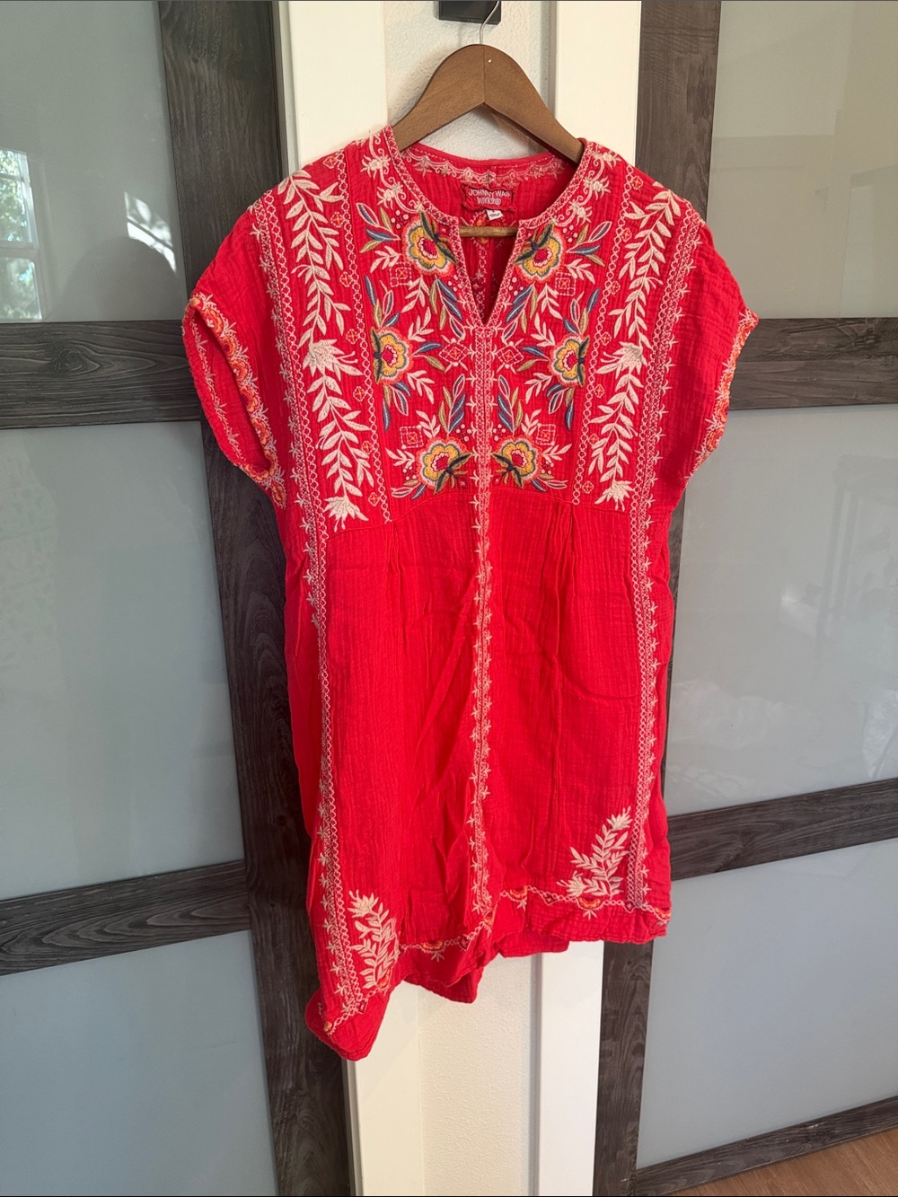 Johnny Was-Embroidered Red Boho Tunic Top